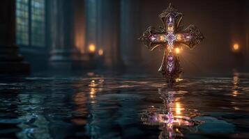 Stunning stained glass cross illuminated in a serene, dark environment with reflections in water photo