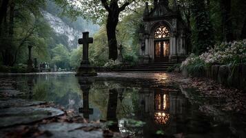 Mysterious cemetery with elegant architecture reflected in a tranquil pond during overcast evening hours photo