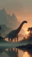 Majestic dinosaur stands by a tranquil river at sunset in a prehistoric landscape surrounded by mountains and dense foliage photo