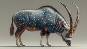 Unique creature with spotted blue coat and impressive horns grazing on serene background at midday photo