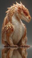 Majestic dragon with shimmering scales resting on a reflective surface in a mystical setting photo