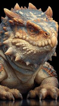 Detailed close-up of a fantastical lizard-like creature with intricate textures and colors in a dark background photo