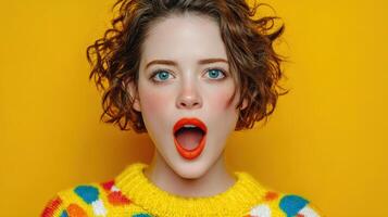 Young woman with curly hair expresses surprise against a vibrant yellow backdrop while wearing a colorful sweater photo