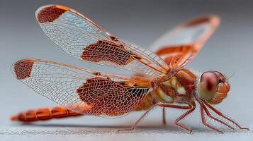 Beautiful orange dragonfly resting on a surface with intricate wing details in natural light photo