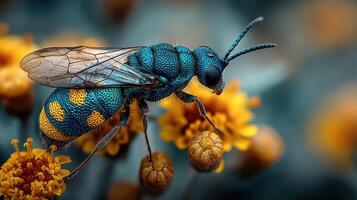 Close-up view of a vibrant blue insect collecting pollen from yellow flowers in a lush garden setting during daylight hours photo