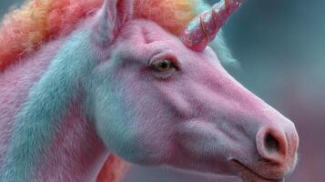 Colorful unicorn with pink and blue fur gracefully posed in a mystical setting photo