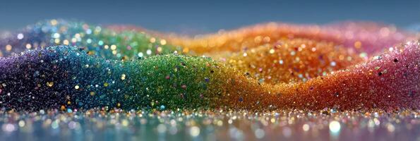 Colorful sparkling glitter creates a vibrant surface resembling a rainbow landscape in soft focus photo