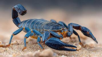 Detailed close-up of a blue scorpion in its natural sandy habitat under warm sunlight photo