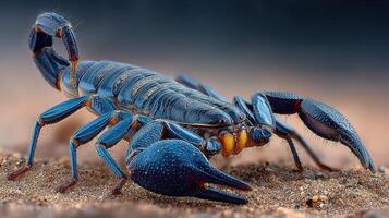 Scorpion in a sandy environment showcasing vibrant blue colors and intricate details on its exoskeleton photo