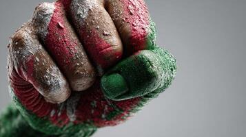 Fist painted in red and green colors showing strength and determination during a sports competition photo