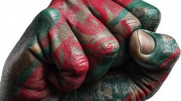 Dramatic close-up of a clenched fist adorned with artistic body paint showcasing vibrant colors and intricate patterns photo