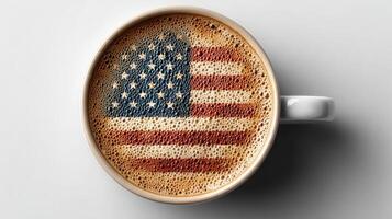 Coffee cup with American flag design made from frothy milk on a gray background photo