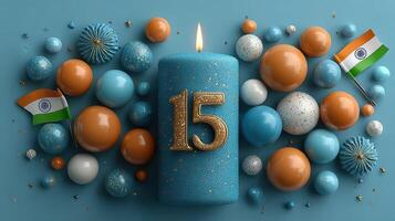 Celebration of a milestone with a blue candle and decorative spheres on a festive background for a special event photo