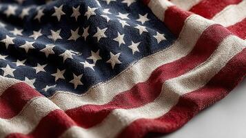 Detailed close-up of a weathered American flag with vibrant colors and rich textures highlights national pride and history photo