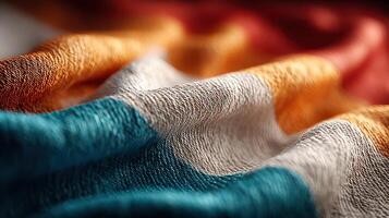 Colorful fabric showing intricate texture with orange, blue, and white waves in a close-up, highlighting textile beauty and craftsmanship photo