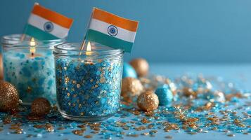 Decorative candles with Indian flags and festive blue decorations enhance celebration atmosphere at a party photo