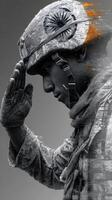 Soldier saluting in uniform with a thoughtful expression and digital effects, representing honor and commitment to duty photo