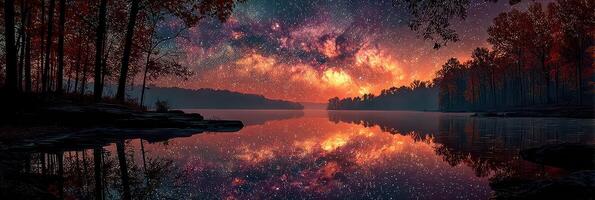 Stunning night sky with vibrant stars and reflection over tranquil lake surrounded by autumn trees photo