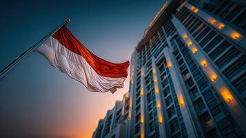 Indonesian flag waving at sunset in front of a modern building in an urban setting photo