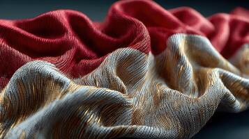 Elegant fabric folds showcase a deep red and gold pattern in a contemporary textile design setting photo