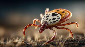 Close-up view of a tick on ground highlighting its unique coloration and texture in natural surroundings photo