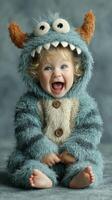 Excited toddler in a fluffy monster costume smiling joyfully against a textured backdrop photo