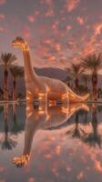 Giant illuminated dinosaur sculpture stands by pool at sunset with palm trees and mountains in the background photo