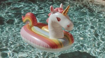 Colorful unicorn float drifting in a sparkling blue pool on a sunny day in summer photo