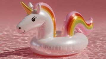 Colorful unicorn float in a sunny pool setting surrounded by vibrant water photo