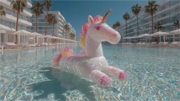 Inflatable unicorn floats in clear water at luxurious resort pool under sunny sky with palm trees all around photo