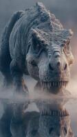Dinosaur emerges from misty landscape, showcasing fierce expression and intricate details of textures and colors photo