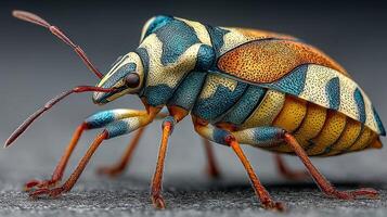 Colorful insect perched on a surface displaying intricate patterns and textures in a close-up view photo
