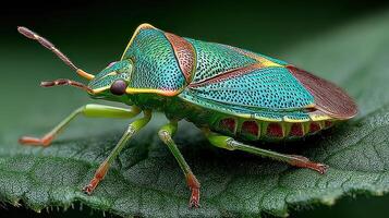 Colorful insect perched on a green leaf in a natural setting during daytime photo