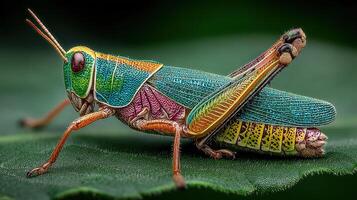 Colorful grasshopper resting on a leaf under natural light in a vibrant garden setting photo