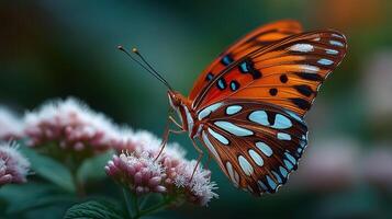 Colorful butterfly perched on blooming flowers in a lush garden during daylight hours photo