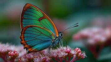 Colorful butterfly resting on pink flowers in a lush garden during a sunny afternoon photo