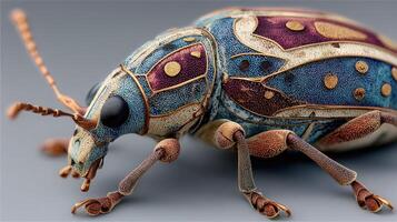 Colorful beetle displaying intricate patterns on its body while perched on a flat surface under soft lighting photo