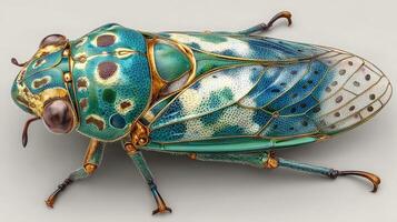 Vibrant close-up of a blue-green cicada showcasing intricate patterns and textures on its wings and body photo