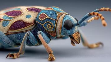 Intricate close-up of a vividly colored beetle displaying unique patterns and textures against a gray background photo