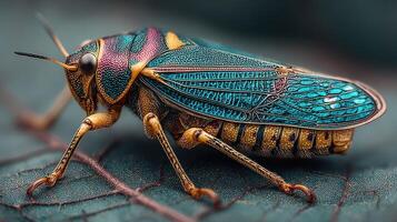 Close-up of a vibrant insect resting on a leaf in a colorful natural environment photo