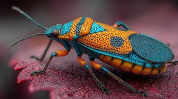 Colorful insect resting on a vibrant leaf in a natural setting during daylight photo