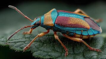 Vibrant insect displaying intricate patterns resting on a green leaf in a natural environment photo