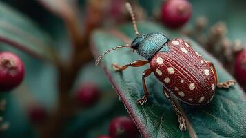 Colorful beetle resting on green leaf among red berries in a natural setting photo