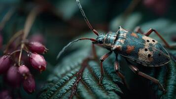 Close-up view of colorful beetle resting on green leaves with pink flowers in a natural setting during daylight photo