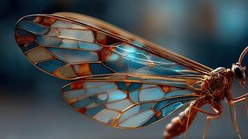 Close-up view of an insect wing showcasing intricate patterns and colors in natural light photo