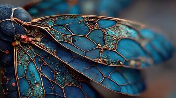 Close-up of ornate blue insect wings displaying intricate patterns and textures under soft lighting photo