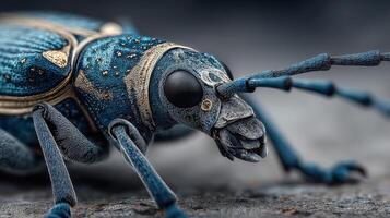 Colorful and detailed close-up of a metallic beetle on a textured surface showcasing unique features and vivid colors photo
