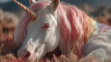 Magical unicorn resting in a vibrant meadow during golden hour near a mystical landscape photo