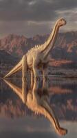 Majestic dinosaur stands reflectively by a tranquil lake surrounded by mountains at sunset photo