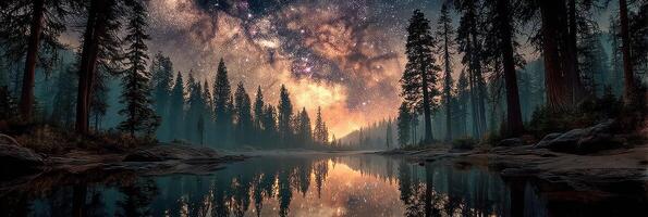 Starlit sky reflects in calm waters of forested landscape during night photo